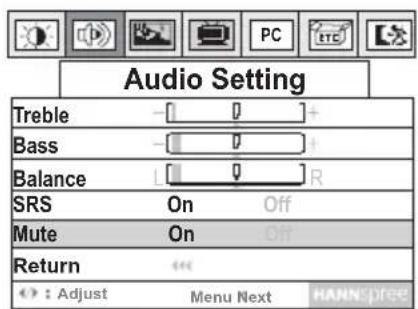 Audio Setting Treble Bass Balance SRS On Off Mute On Return : Adjust Menu Next HANNIFREE