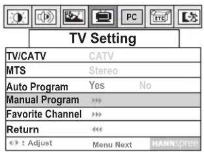 TV Setting TV/CATV CATV MTS Stereo Auto Program Yes No Manual Program > Favorite Channel > Return «« : Adjust Menu Next HANN FREE