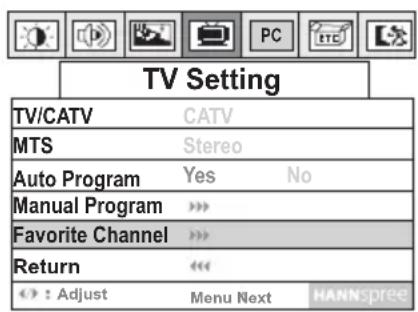 TV Setting TV/CATV CATV MTS Stereo Auto Program Yes No Manual Program > Favorite Channel > Return «| <> : Adjust Menu Next HANNspree