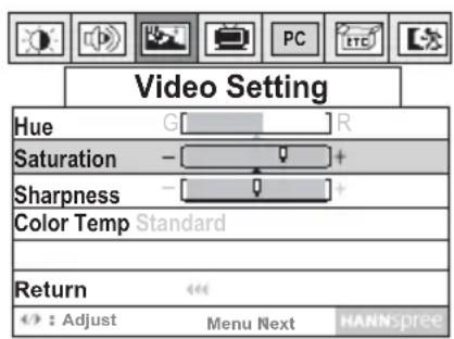 Video Setting Hue G R Saturation - Sharpness - + Color Temp Standard Return : Adjust Menu Next HANSpree