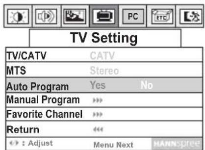 TV Setting TV/CATV CATV MTS Stereo Auto Program Yes No Manual Program > Favorite Channel > Return > : Adjust Menu Next HANNSPICE