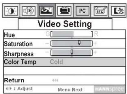 Video Setting Hue G R Saturation - Sharpness - Color Temp Cold Return : Adjust Menu Next HANN PICE