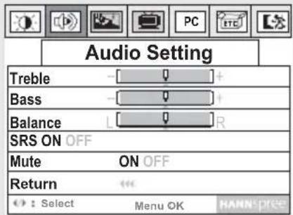 Audio Setting Treble Bass Balance SRS ON OFF Mute ON OFF Return : Select Menu OK HANNIPRESS