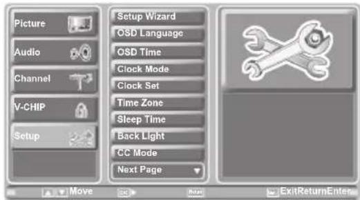 Picture Audio Channel V-CHIP Setup Setup Wizard OSD Language OSD Time Clock Mode Clock Set Time Zone Sleep Time Back Light CC Mode Next Page Move ExitReturnEnter