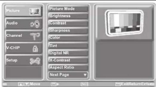 Picture Audio Channel V-CHIP Setup Picture Mode Brightness Contrast Sharpness Color Tint Digital NR X-Contrast Aspect Ratio Next Page Move ExitReturnEnter