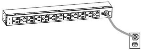 Line drawing of a rack-mounted server unit with multiple ports and a cable connecting to a terminal outlet (no text or symbols)