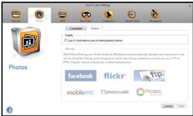 Eye-Fi Card Settings Computer Online Enable Eye-Fi Card allows you to share photos online. Manage With Online Sharing your Android device effortlessly and automatically upload your memories to one of our 25 photo sharing, print, shipping or social networking websites (or even to your own FTP or FTP). Popular choices include any of these featured sites. facebook flickr ftp. mobile.me photobudieit Picasa. Cancel Save Photos