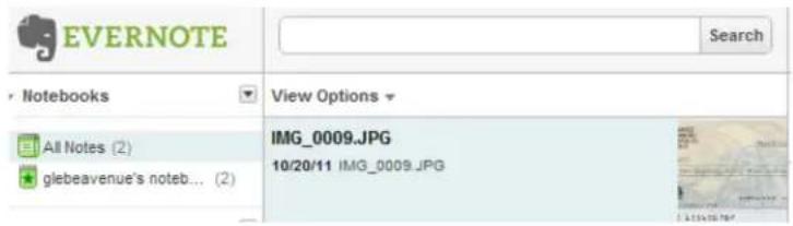 EVERNOTE Search Notebooks View Options All Notes (2) glebeavenue's noteb... (2) IMG_0009.JPG 10/20/11 IMG_0009.JPG