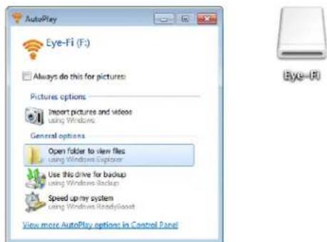 AutoPlay Eye-Fi (F:) Always do this for pictures: Pictures options Import pictures and videos using Windows General options Open folder to view files using Windows Explorer Use this drive for backup using Windows Backup Speed up my system using Windows ReadyPoint View more AutoPlay options in Control Panel