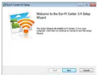 Eye Fi Center 3.4 Setup Welcome to the Eye-Fi Center 3.4 Setup Wizard The Setup Wizard will installEye Fi Center 3.4 in your computer. Click Next to continue or Cancel to exit the Setup Wizard.