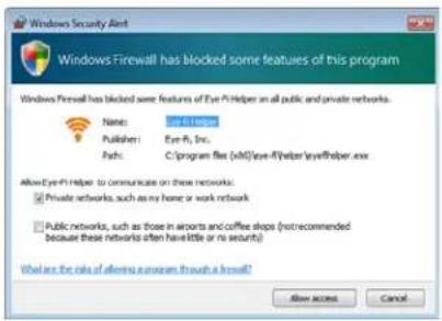 Windows Security Alert Windows Firewall has blocked some features of this program. Name: Eye-Fisher Publisher: Eye-Fil, Inc. Path: C:\program files (vbl)\love-F\layer\eyeFiber.exe Allow Eye-Fil Helper to communicate on these networks. Private networks, such as my home or work network Public networks, such as those in airports and coffee shops (not recommended because these networks often have little or no security). What are the risks of allowing a program through a firewall? Allow access Cancel