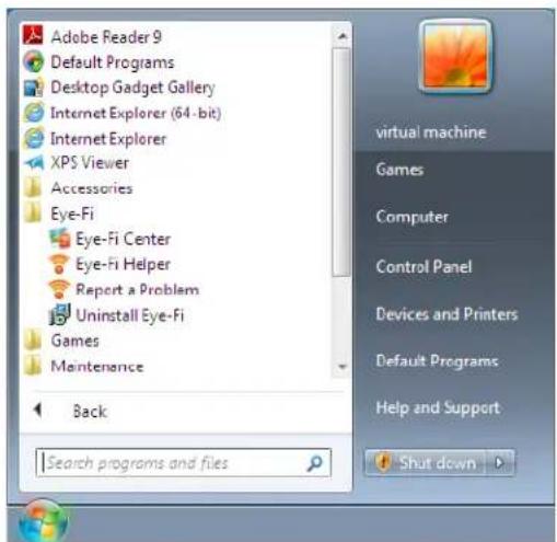Adobe Reader 9 Default Programs Desktop Gadget Gallery Internet Explorer (64-bit) Internet Explorer XPS Viewer Accessories Eye-Fi Eye-Fi Center Eye-Fi Helper Report a Problem Uninstall Eye-Fi Games Maintenance Back Search programs and files virtual machine Games Computer Control Panel Devices and Printers Default Programs Help and Support Shut down
