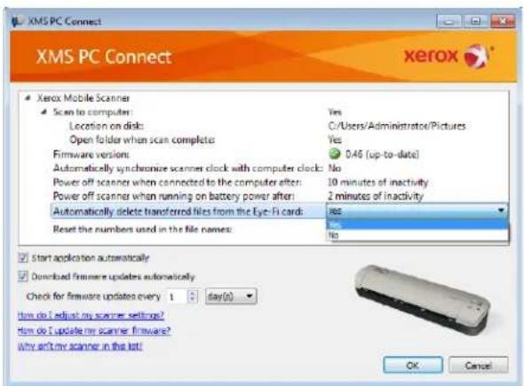 XMS PC Connect XMS PC Connect Xerox • Xerox Mobile Scanner • Scan to computer: Location on disk: Open folder when scan complete Firmware versions: Automatically synchronize scanner clock with computer clock: No Power off scanner when connected to the computer after: Power off scanners when running on battery power after: Automatically delete transferred files from the Eye-Fi card: RE Reset the numbers used in the file names: Yes No Start application automatically Download firmware updates automatically Check for firmware updates every 1 day(s) How do I adjust my scanner settings? How do I update my scanner firmware? Why isn't my scanner in this list! OK Cancel