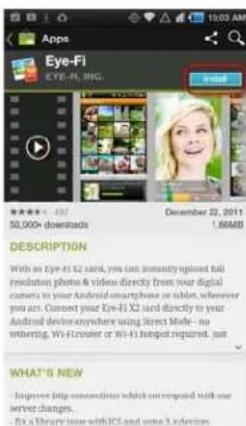 Apps Eye-Fi EYE-FI, INC. Download 50,000+ downloads December 22, 2011 1,688MB DESCRIPTION With an Eye-FI X2 card, you can instantly upload full resolution photo & video directly from your digital camera to your Android smartphone or tablet, wherever you are. Connect your Eye-FI X2 card directly to your Android device anywhere using Street Mode - no weathering, Wi-Fi router or Wi-Fi hotspot required, just WHAT'S NEW • Improve http connections which correspond with our server changes. • Fix a library issue with iOS and some 3 varieties