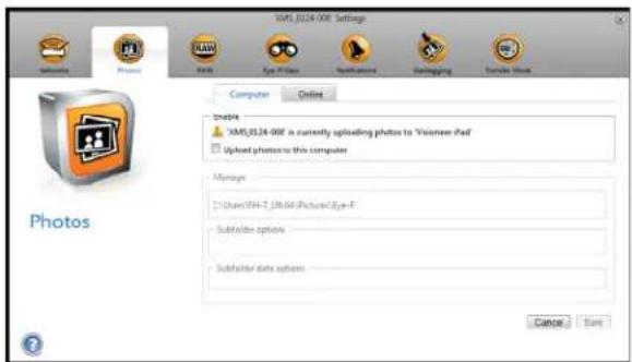 VM5.0124-008 Settings VM5.0124-008 is currently uploading photos to "Visioner iPad" Uploaded photos to this computer Messages User:CH-T,UB:60 Picture Cyprus-F Subfolder options Subfolder data options Cancel Save