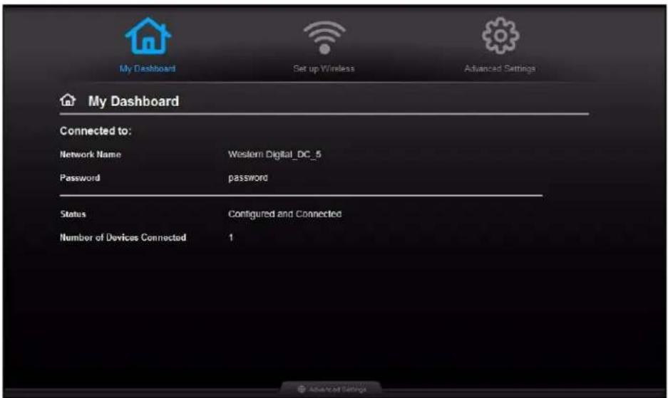 My Dashboard Connected to: Network Name Western Digital_DC_5 Password password Status Configured and Connected Number of Devices Connected 1