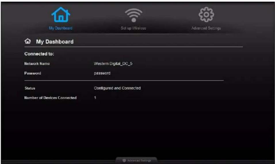 My Dashboard Set up Wireless Advanced Settings My Dashboard Connected to: Network Name Western Digital_DC_5 Password password Status Configured and Connected Number of Devices Connected 1