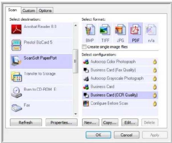 Scan Custom Options Select destination: Acrobat Reader 8.0 Prestol BizCard 5 ScanSoft PaperPort Transfer to Storage Burn to CD-ROM E: Fax Refresh Properties... New... Copy... Edit... Delete Select format: BMP TIFF JPG PDF n/a Create single image files Select configuration: Autocrop Color Photograph Business Card (Fax Quality) Autocrop Grayscale Photograph Business Card Business Card (OCR Quality) Configure Before Scan OK Cancel Apply