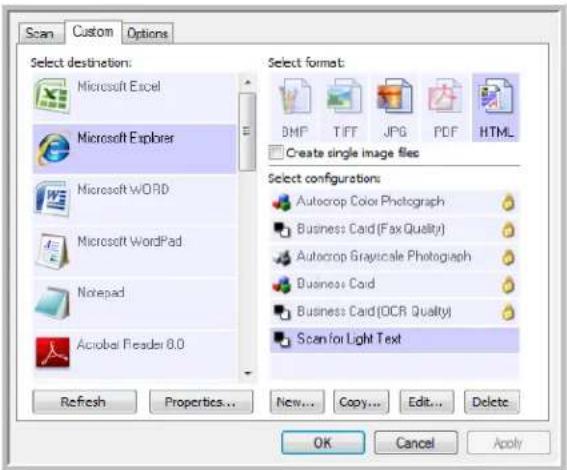 Scan Custom Options Select destinations: Microsoft Excel Microsoft Explorer Microsoft WORD Microsoft WordPad Notepad Acrobat Reader 8.0 Refresh Properties... New... Copy... Edit... Delete Select format: BMP TIFF JPG PDF HTML Create single image files Select configurations: Autocrop Color Photograph Business Card (Fax Quality) Autocrop Graviscale Photograph Business Card Business Card (OCR Quality) Scan for Light Text OK Cancel Apply