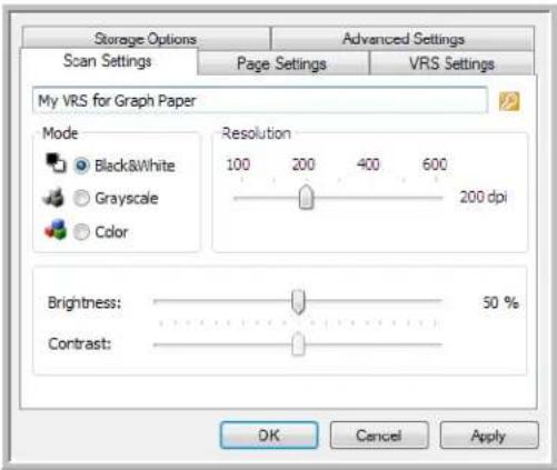 Storage Options Advanced Settings Scan Settings Page Settings VRS Settings My VRS for Graph Paper Mode Black&White Grayscale Color Resolution 100 200 400 600 200 dpi Brightness: 50 % Contrast: OK Cancel Apply