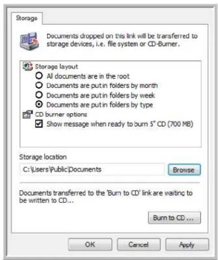Storage Documents dropped on this link will be transferred to storage devices, i.e. file system or CD-Burner. Storage layout ○ AI documents are in the root ○ Documents are put in folders by month ○ Documents are put in folders by week ○ Documents are put in folders by type CD burner options ✓ Show message when ready to burn 5" CD (700 MB) Storage location C:\Users\Public\Documents Browse Documents transferred to the 'Burn to CD' link are waiting to be written to CD... Burn to CD ... OK Cancel Apply