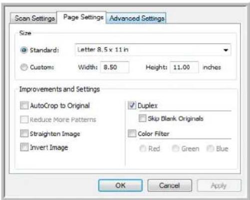 Scan Settings Page Settings Advanced Settings Size Standard: Letter: 8.5 x 11 in Custom: Width: 8.50 Height: 11.00 inches Improvements and Settings AutoCrop to Original Reduce More Patterns Straighten Image Invert Image Duplex Skip Blank Originals Color Filter Red Green Blue OK Cancel Apply