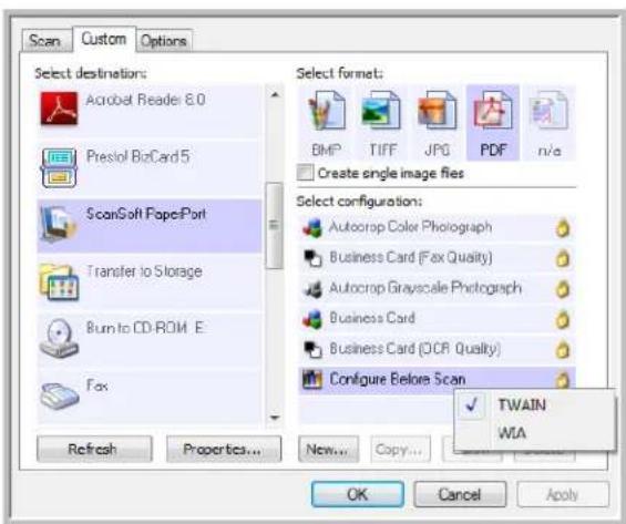 Scan Custom Options Select destinations: Acrobat Reader 8.0 Presiol BioCard 5 ScanSoft Fape-Port Transfer to Storage Burn to CD-ROM E Fax Refresh Properties... New... Copy... Select format: BMP TIFF JPG PDF n/a Create single image files Select configuration: Autocrop Color Photograph Business Card (Fax Quality) Autocrop Grayscale Photograph Business Card Business Card (OCR Quality) Configure Before Scan TWAIN WIA OK Cancel Apply