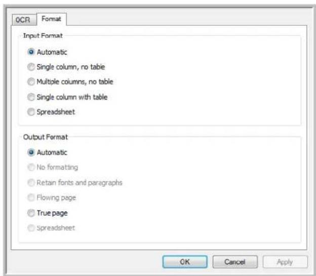OCR Format Input Format Automatic Single column, no table Multiple columns, no table Single column with table Spreadsheet Output Format Automatic No formatting Retan fonts and paragraphs Flowing page True page Spreadsheet OK Cancel Apply