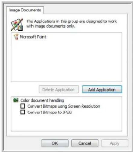 Image Documents The Applications in this group are designed to work with image documents only. Microsoft Paint Delete Application Add Application Color document handling □ Convert Bitmaps using Screen Resolution □ Convert Bitmaps to JPEG OK Cancel Apply
