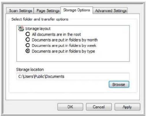 Scan Settings Page Settings Storage Options Advanced Settings Select folder and transfer options Storage layout All documents are in the root Documents are put in folders by month Documents are put in folders by week Documents are put in folders by type Storage location C:\Users\Public\Documents Browse OK Cancel Apply