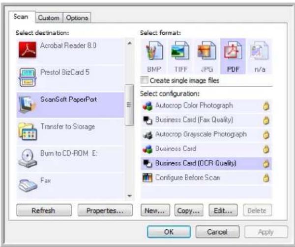Scan Custom Options Select destination: Acrobat Reader 8.0 Prestol BizCard 5 ScanSoft PaperPort Transfer to Storage Burn to CD-ROM E: Fax Select format: BMP TIFF JPG PDF n/a Create single image files Select configuration: Autocrop Color Photograph Business Card (Fax Quality) Autocrop Grayscale Photograph Business Cord Business Card (OCR Quality) Configure Before Scan Refresh Properties... New... Copy... Edit... Delete OK Cancel Apply