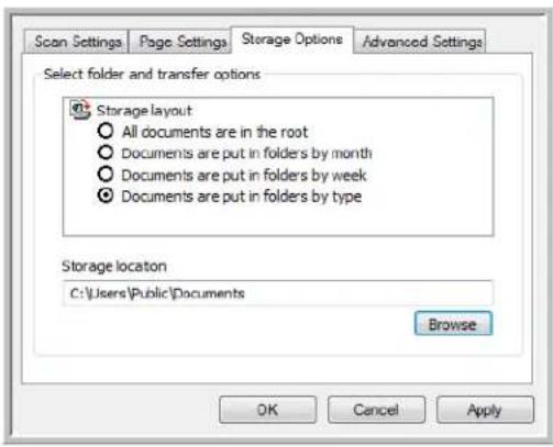 Scan Settings Page Settings Storage Options Advanced Settings Select folder and transfer options Storage layout All documents are in the root Documents are put in folders by month Documents are put in folders by week Documents are put in folders by type Storage location C:\Users\Public\Documents Browse OK Cancel Apply