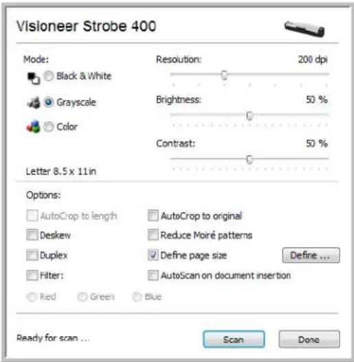 Visioneer Strobe 400 Mode: Black & White Grayscale Color Letter 8.5 x 11in Resolution: 200 dpi Brightness: 50 % Contrast: 50 % Options: AutoCrop to length Deskew Duplex Filter: Red Green AutoCrop to original Reduce Moiré patterns Define page size Define ... AutoScan on document insertion Ready for scan... Scan Done