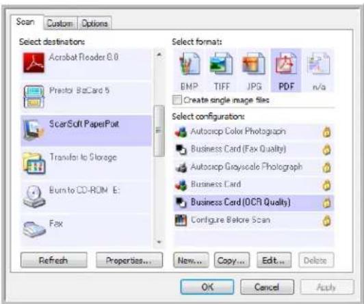 Scan Custom Options Select destinations: Acrobat Reader 8.0 Prestol BoxCard 5 ScarSoft PaperPort Transfer to Storage Burn to CD-ROM E: Fax Refresh Properties... New... Copy... Edit... Delete Select format: EMP TIFF JPG PDF n/a Create single image files Select configurations: Autocorp Color Photograph Business Card (Fax Quality) Autocorp Grayscale Photograph Business Card Business Card (OCR Quality) Configure Before Scan OK Cancel Apply