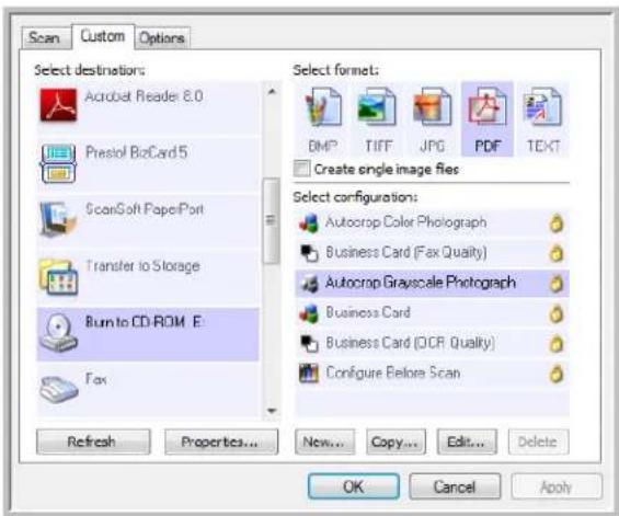 Scan Custom Options Select destinations: Acrobat Reader 8.0 Prestol BizCard5 ScanSoft TapePort Transfer to Storage Burn to CD-ROM E: Fax Select format: DMP TIFF JPG PDF TEXT Create single image files Select configurations: Autocrop Color Photograph Business Card (Fax Quality) Autocrop Grayscale Photograph Business Card Business Card (CICR Quality) Configure Before Scan Refresh Properties... New... Copy... Edit... Delete OK Cancel Apply