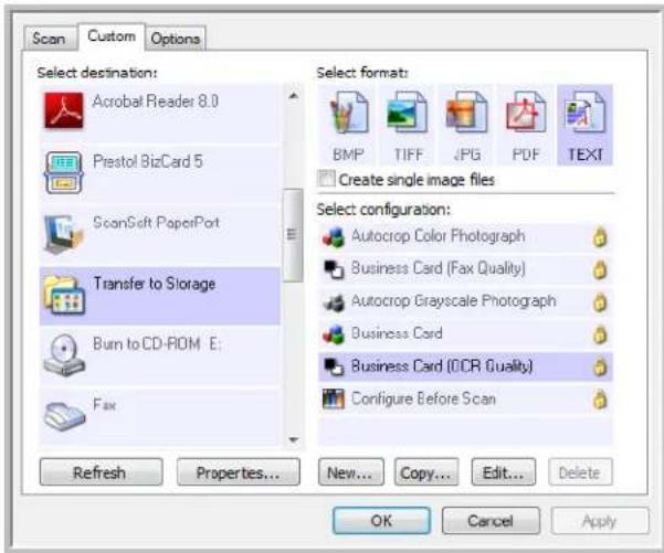 Scan Custom Options Select destination: Acrobat Reader 8.0 Prestol BizCard 5 ScanSoft PaperPort Transfer to Storage Burn to CD-ROM E: Fax Refresh Properties... New... Copy... Edit... Delete Select format: BMP TIFF JPG PDF TEXT Create single image files Select configuration: Autocrop Color Photograph Business Card (Fax Quality) Autocrop Grayscale Photograph Business Card Business Card (OCR Quality) Configure Before Scan OK Cancel Apply