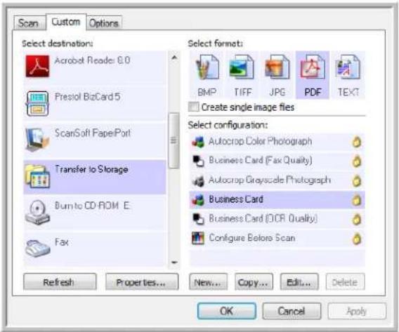 Scan Custom Options Select destination: Acrobat Reader: 0.0 Prestol BizCard5 ScanSoft FapePort Transfer to Storage Burn to CD-ROM E Fax Select formats: BMP TIFF JPG PDF TEXT Create single image files Select configuration: Autocrop Color Photograph Business Card (Fax Quality) Autocrop Grayscale Photograph Business Card Business Card (OCR Quality) Configure Before Scan Refresh Properties... New... Copy... Edit... Delete OK Cancel Apply