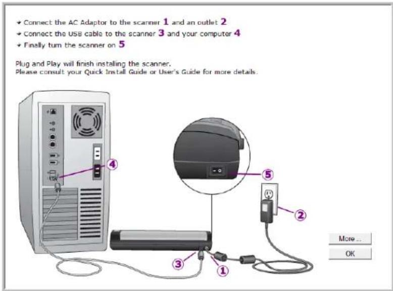 Connect the AC Adaptor to the scanner 1 and an outlet 2 Connect the USB cable to the scanner 3 and your computer 4 Finally turn the scanner on 5 Plug and Play will finish installing the scanner. Please consult your Quick Install Guide or User's Guide for more details. More... OK