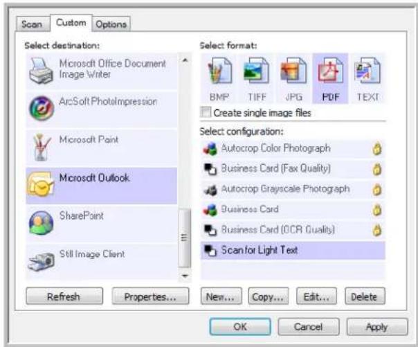Scan Custom Options Select destination: Microsoft Office Document Image Writer ArcSoft Photolmpression Microsoft Paint Microsoft Outlook SharePoint Still Image Client Refresh Properties... New... Copy... Edit... Delete Select format: BMP TIFF JPG PDF TEXT Create single image files Select configuration: Autocrop Color Photograph Business Card (Fax Quality) Autocrop Grayscale Photograph Business Card Business Card (OCR Quality) Scan for Light Text OK Cancel Apply