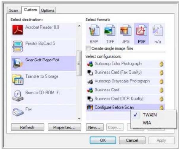 Scan Custom Options Select destination: Acrobat Reader 8.0 Prestol BizCard 5 ScanSoft PaperPort Transfer to Storage Burn to CD-ROM E: Fax Refresh Properties... New... Copy... Select format: BMP TIFF JPG PDF n/a Create single image files Select configuration: Autocrop Color Photograph Business Card (Fax Quality) Autocrop Grayscale Photograph Business Card Business Card (OCR Quality) Configure Before Scan TWAIN WIA OK Cancel Apply