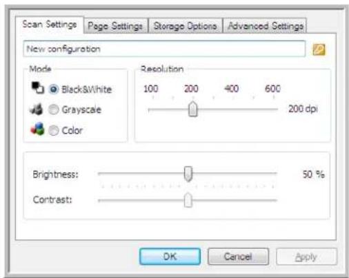 Scan Settings Page Settings Storage Options Advanced Settings New configuration Mode Black&White Grayscale Color Resolution 100 200 400 600 200 dpi Brightness: 50 % Contrast: OK Cancel Apply