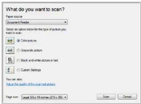 What do you want to scan? Paper source Document Feeder Select an option below for the type of picture you want to scan. Color picture Greyscale picture Black and white picture or text Custom Settings You can also: Adjust the quality of the scanned picture Page size: Legal 8.5 x 14 inches (216 x 356 Scan Cancel
