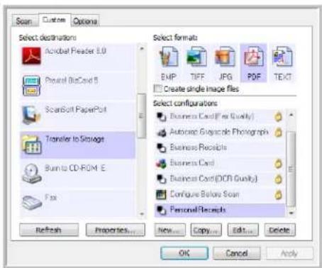 Scan Custom Options Select destinations Acriebal Reader 5.0 Printed BidCard 5 ScanSoft PaperPort Transfer to Storage Burn to CD-ROM E Fax Refresh Properties... New... Copy... Edit... Delete Select formats EMIP TIFF JPG PDF TEXT Create single image files Select configurations Business Card(For Quality) Automatic Photographs Photography Business Records Business Card Business Card (ODI Quality) Configure Before Scan Personal Records OK Cancel Apply