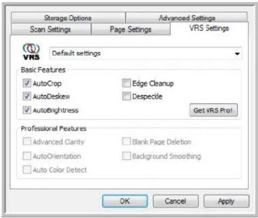 Storage Options Scan Settings Page Settings Advanced Settings VRS Settings Default settings Basic Features ✓ AutoCrop ✓ AutoDeskew ✓ AutoBrightness ✓ Edge Cleanup ✓ Despecide Get VRS Pro! Professional Features ✓ Advanced Clarity ✓ AutoOrientation ✓ Auto Color Detect Blank Page Deletion Background Smoothing OK Cancel Apply