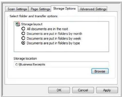 Scan Settings Page Settings Storage Options Advanced Settings Select folder and transfer options Storage layout All documents are in the root Documents are put in folders by month Documents are put in folders by week Documents are put in folders by type Storage location C:\Business Receipts Browse OK Cancel Apply