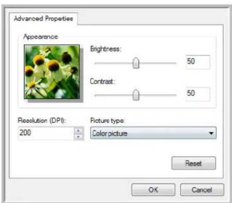 Advanced Properties Apocance Brightness: 50 Contrast: 50 Resolution (DPI): 200 Picture type: Color picture Reset OK Cancel