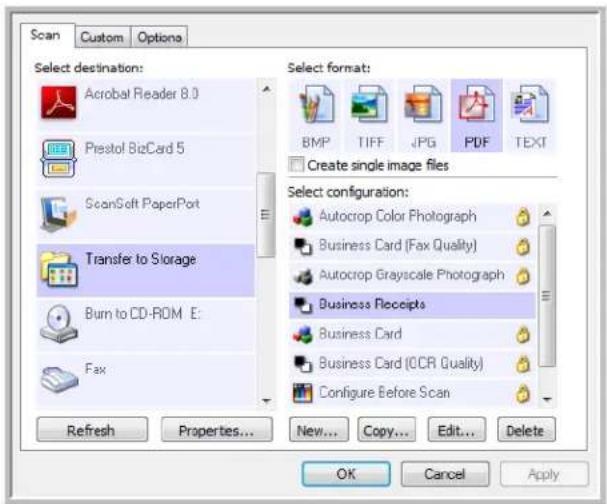 Scan Custom Options Select destination: Acrobat Reader 8.0 Prestol BizCard 5 ScanSoft PaperPort Transfer to Storage Burn to CD-ROM E: Fax Refresh Properties... New... Copy... Edit... Delete Select format: BMP TIFF JPG PDF TEXT Create single image files Select configuration: Autocrop Color Photograph Business Card (Fax Quality) Autocrop Grayscale Photograph Business Receipts Business Card Business Card (OCR Quality) Configure Before Scan OK Cancel Apply