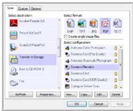 Scan Custom Options Select destinations Arcobat Reader 8.0 Printed iBioCard 5 ScanBolt PaperPort Transfer to Storage Burn to CD-ROM E Fox Refresh Properties... New... Copy... Edit... Delete Select formats: BMP TIFF JPG PDF TEXT Create single image files Select configurations: Autocrop Color Photograph Business Card (Fox Quality) Autocrop Bioglycale Photograph Business Receipts Business Card Business Card (OCR Quality) Configure Before Scan OK Cancel Apply