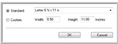 Standard: Letter 8 ½ x 11 in Custom: Width: 8.50 Height: 11.00 Inches OK Cancel
