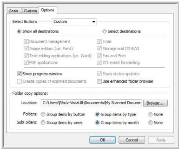 Scan Custom Options Select Button: Custom Show all destinations Select destinations ✓ Document management ✓ Image editors (i.e. Paint) ✓ Text editing applications (i.e. Word) ✓ PDF applications ✓ Email ✓ Storage and CD-R/W ✓ Fax and Print ✓ STI event forwarding ✓ Show progress window ✓ Show status updates ✓ Create copies of scanned documents ✓ Use enhanced folder browser Folder copy options: Location: C:\Users\Rhoiz-VistaUlt\Documents\My Scanned Docume Browse... Folders: Group items by button Group items by type None SubFolders: Group items by week Group items by month None OK Cancel Apply